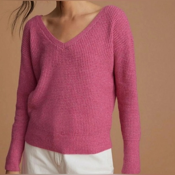 Anthropologie Maeve Cross Back Waffle Knit Sweater Fascia Pink Wool Blend XS - Picture 2 of 10